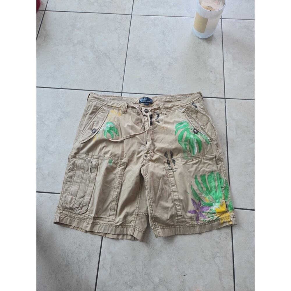 Polo Ralph Lauren Cargo Shorts Paint Splatter Canvas Cotton Beige Green Sz 40